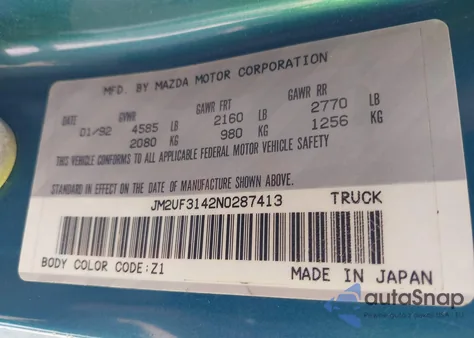 1992 Mazda B2600 Cab Plus from USA, damaged, VIN JM2UF3142N0287413